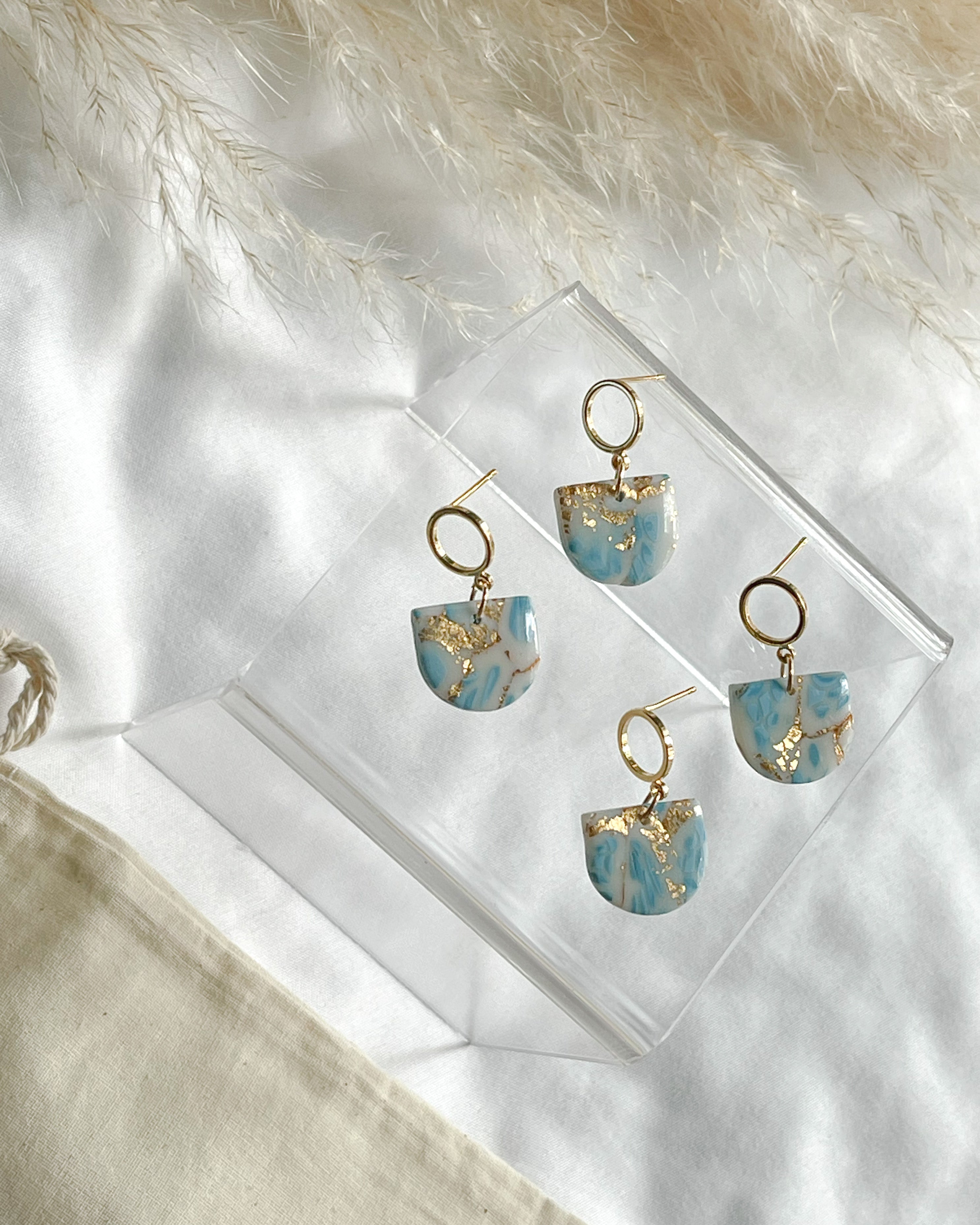 Clay Earrings | Marbled Blue & Gold Leaf Circle Dangles