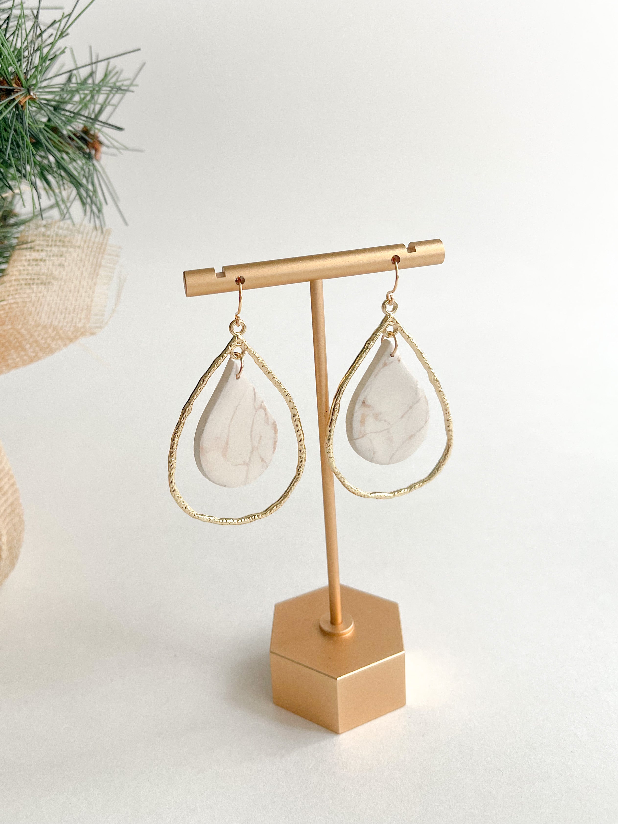 Clay Earrings | Gold + Cream Marble Teardrop Dangle