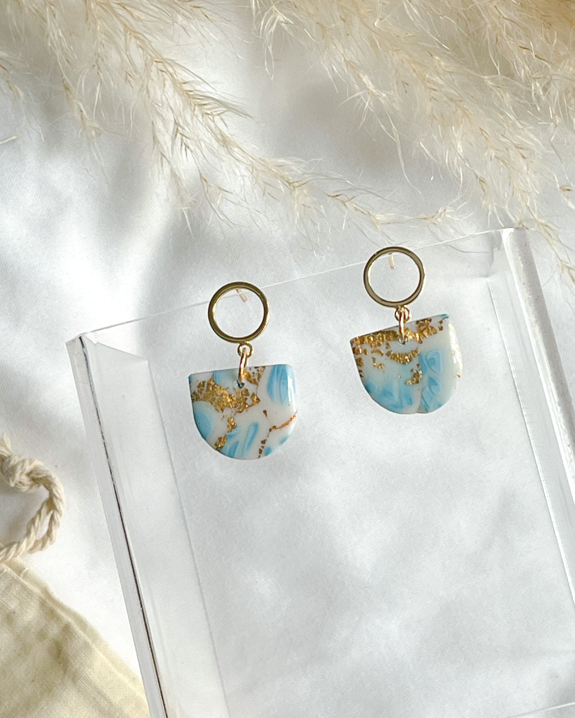 Clay Earrings | Marbled Blue & Gold Leaf Circle Dangles