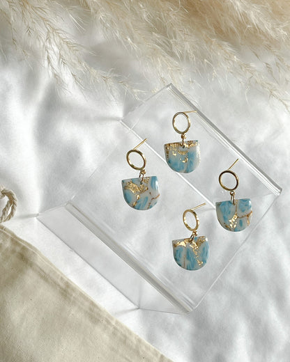 Clay Earrings | Marbled Blue & Gold Leaf Circle Dangles